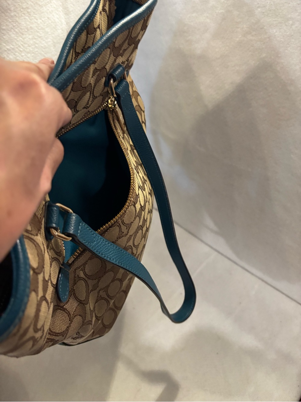 Coach Signature Canvas Tote with Teal Leather Trim - Picture 4 of 8